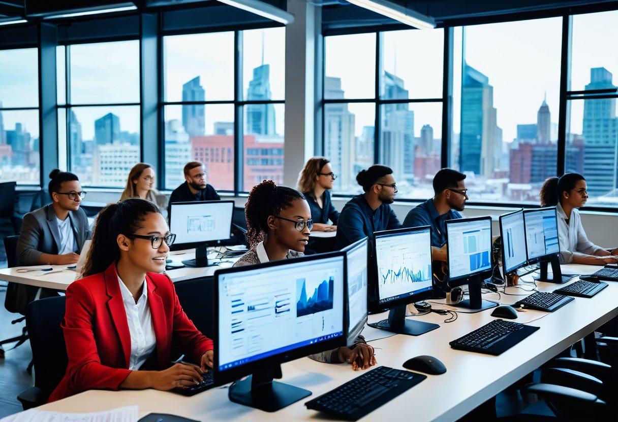A dynamic scene of a young, diverse team of entrepreneurs working enthusiastically on laptops and whiteboards in a modern, open workspace. Coding elements and website mockups hover around them, blending creativity and technology. The background showcases a vibrant cityscape through large windows. super-realistic. vibrant colors.