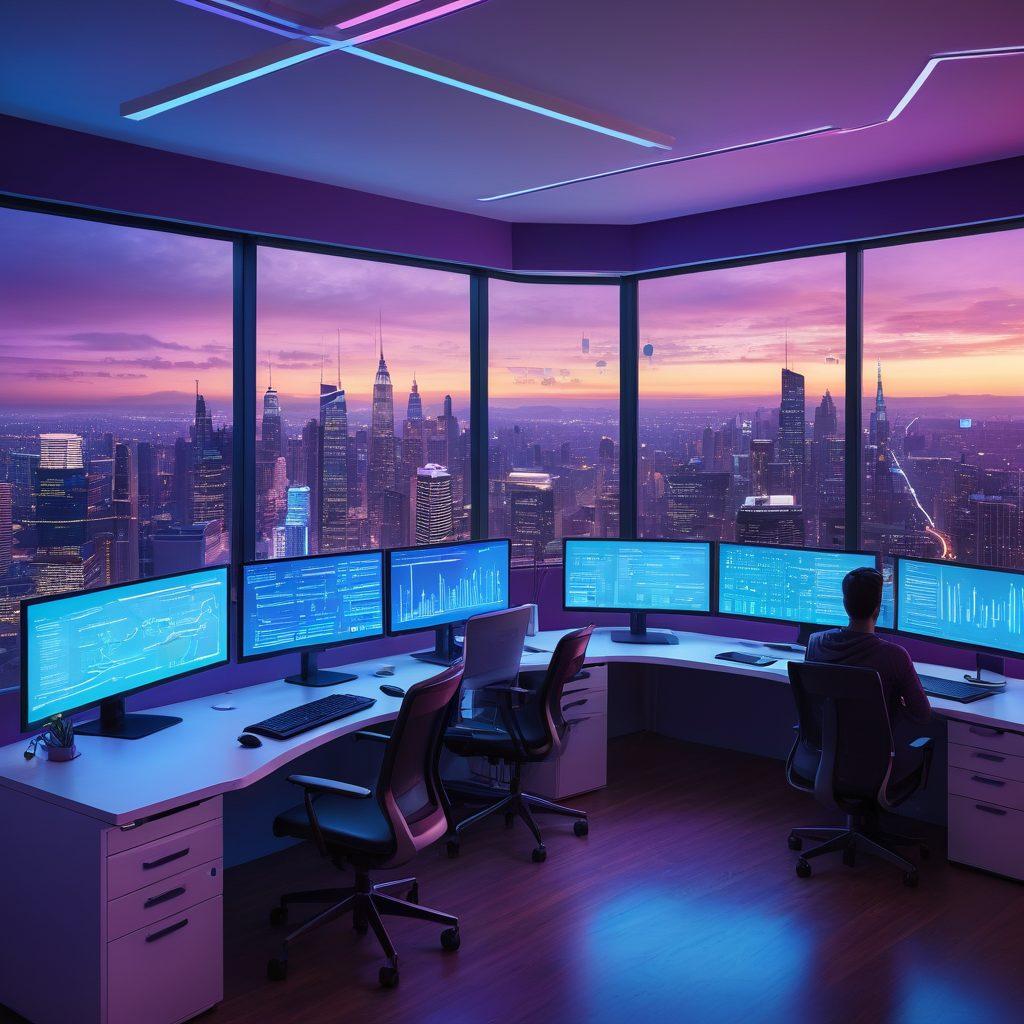 A futuristic workspace with a diverse team of young professionals collaborating on code, surrounded by sleek monitors displaying vibrant lines of code and flowcharts. Background features modern office decor and a large window with a cityscape view at dawn. Colors are focused on blues and purples, giving an innovative and energetic atmosphere. super-realistic. vibrant colors.