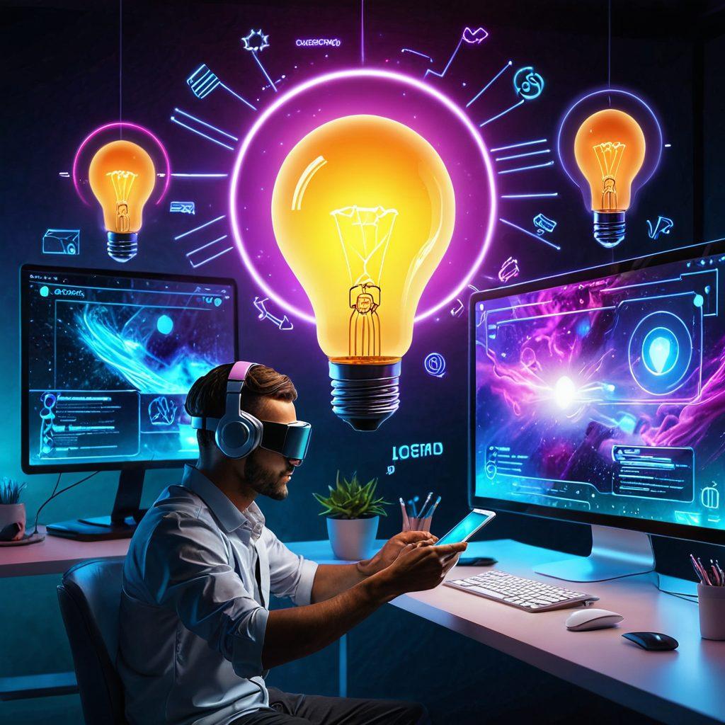 A dynamic scene depicting the transformation of abstract ideas into a futuristic online platform. Show a glowing lightbulb (symbolizing ideas) turning into a sleek, modern website interface with transparent code overlays and emerging digital elements. Include people actively collaborating and using cutting-edge devices like VR headsets, tablets, and holograms. digital painting. vibrant colors. 3D.